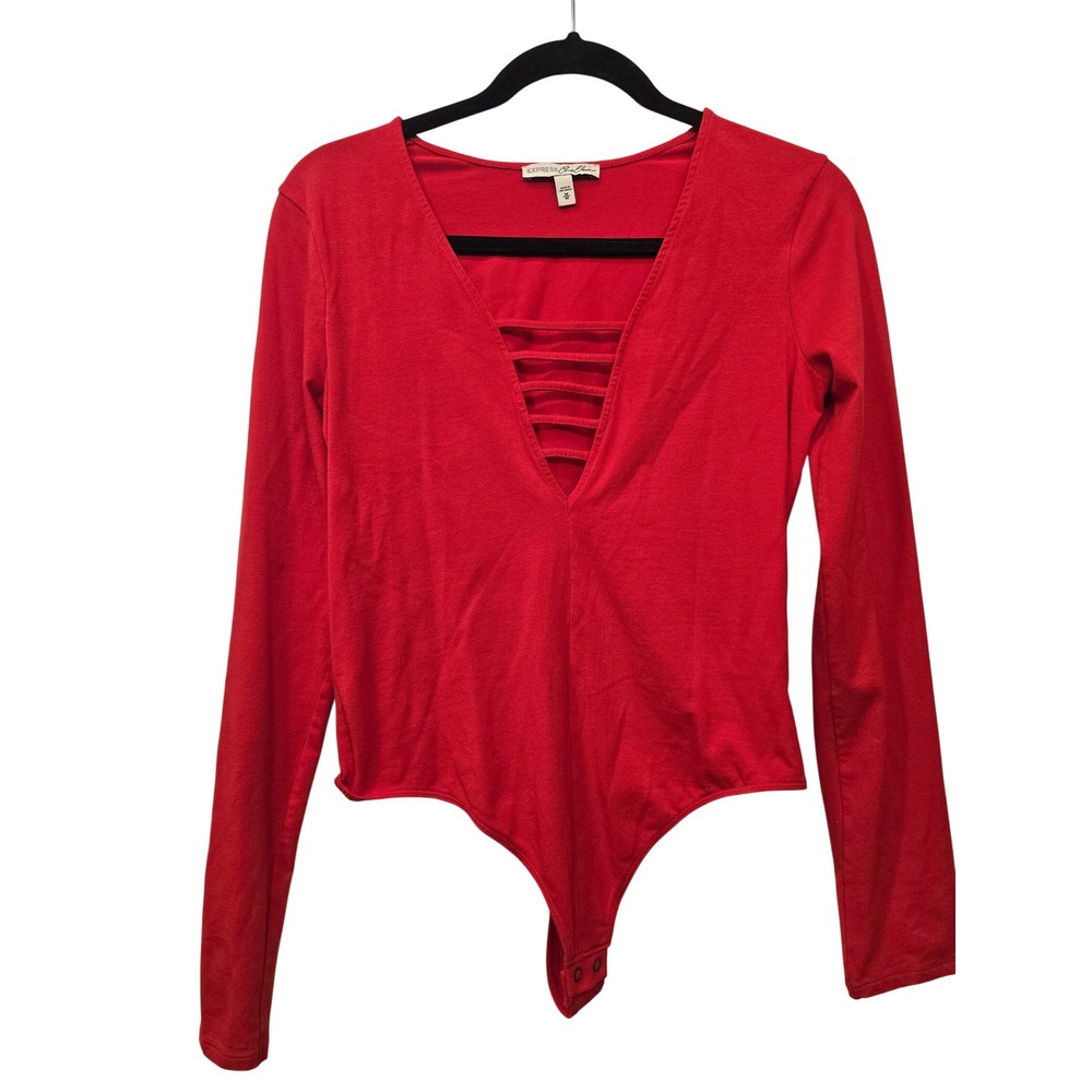 Express One Eleven Womens Red Strappy Deep V-Neck Long Sleeve Bodysuit Size M